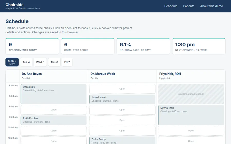 Chairside dental clinic scheduling screenshot