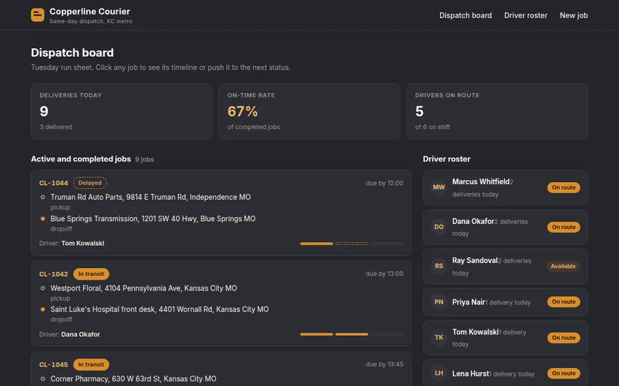 Copperline Courier dispatch board screenshot