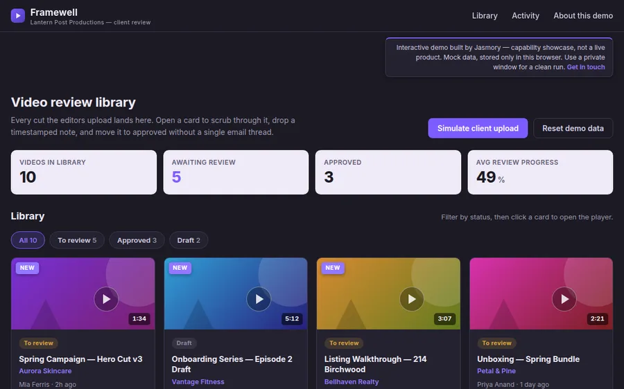 Framewell video review workspace screenshot