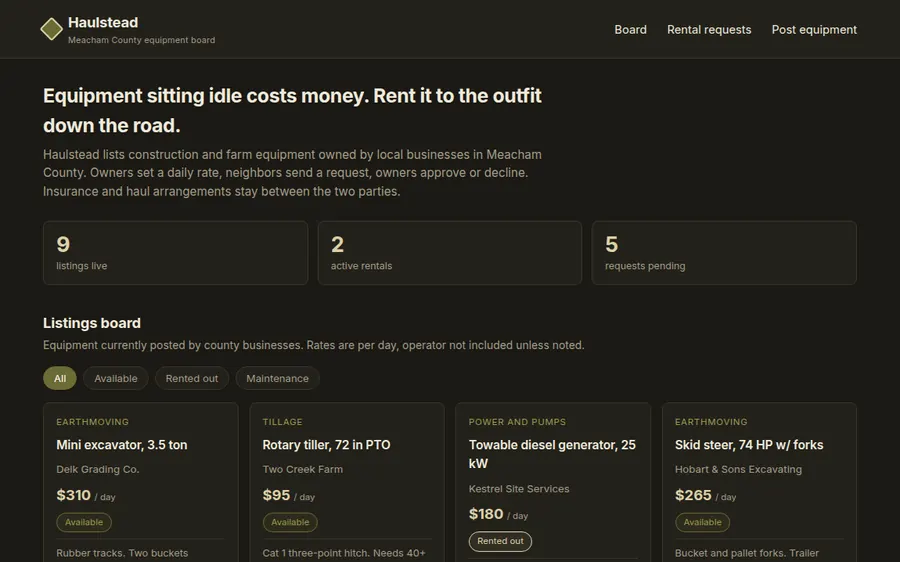 Haulstead equipment board screenshot