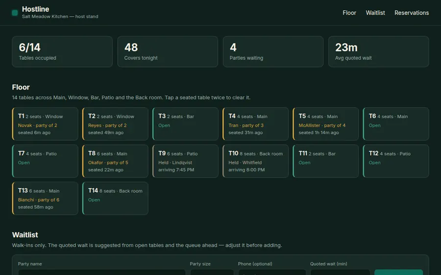 Hostline restaurant host stand screenshot