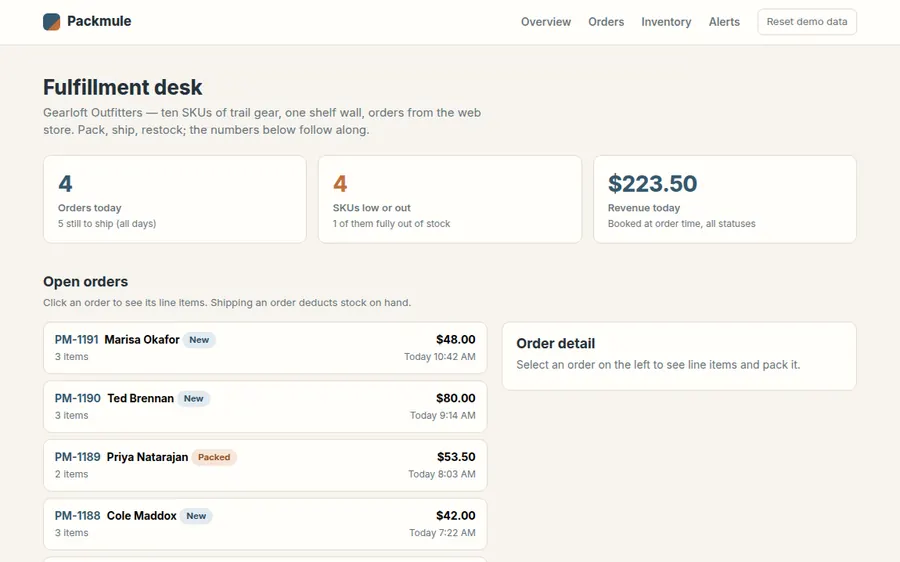 Packmule inventory desk screenshot
