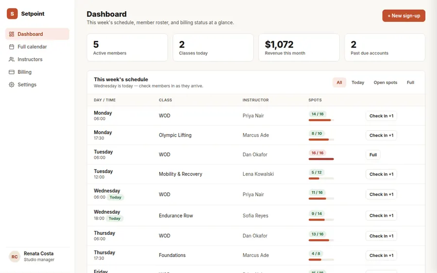 Setpoint class scheduling dashboard screenshot
