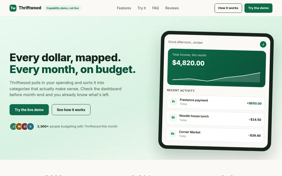 Thriftwood budgeting dashboard screenshot